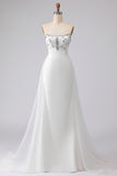 White A-Line Strapless Beaded Satin Long Wedding Dress