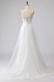 White A-Line Strapless Beaded Satin Long Wedding Dress