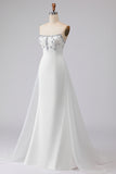 White A-Line Strapless Beaded Satin Long Wedding Dress