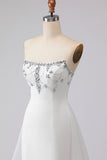 White A-Line Strapless Beaded Satin Long Wedding Dress