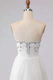 White A-Line Strapless Beaded Satin Long Wedding Dress