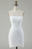 White Strapless Corset Short Bodycon Homecoming Dress with Sequins