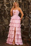 Pink Tiered Ruffle A Line Sweetheart Beaded Cut Out Long Prom Dress with Slit