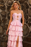 Pink Tiered Ruffle A Line Sweetheart Beaded Cut Out Long Prom Dress with Slit