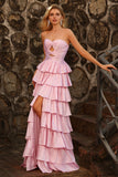 Pink Tiered Ruffle A Line Sweetheart Beaded Cut Out Long Prom Dress with Slit