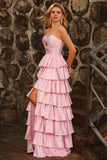Pink Tiered Ruffle A Line Sweetheart Beaded Cut Out Long Prom Dress with Slit