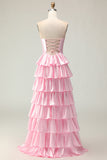Sweetheart A Line Pink Beaded Tiered Cut Out Long Prom Dress with Ruffles