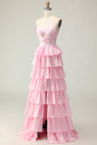 Sweetheart A Line Pink Beaded Tiered Cut Out Long Prom Dress with Ruffles