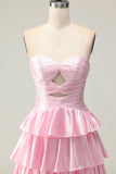 Sweetheart A Line Pink Beaded Tiered Cut Out Long Prom Dress with Ruffles