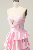 Sweetheart A Line Pink Beaded Tiered Cut Out Long Prom Dress with Ruffles