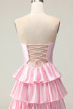 Sweetheart A Line Pink Beaded Tiered Cut Out Long Prom Dress with Ruffles