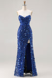Sparkly Blue Strapless Sheath Sequin Corset Long Prom Dress With Slit