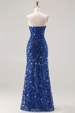 Sparkly Champagne Sheath Strapless Sequin Long Prom Dress With Slit