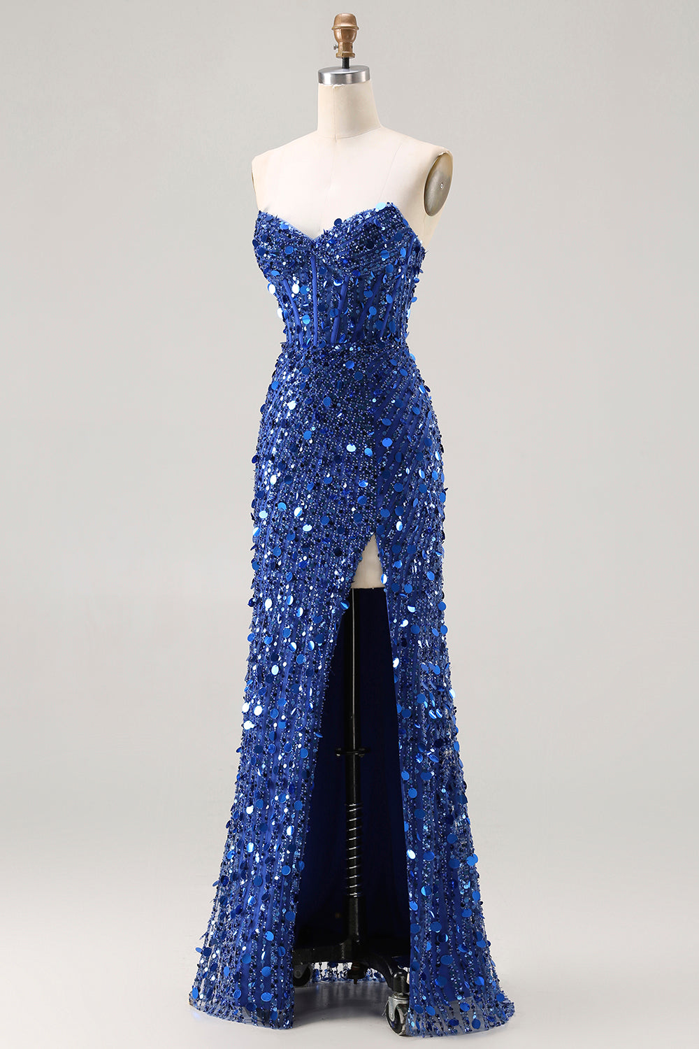 Zapaka Women Sparkly Silver Prom Dress Strapless Corset Mermaid Long Party Dress With Slit, Royal Blue / US10 Zapaka Women Sparkly Silver Prom Dress Strapless Corset Mermaid Long Party Dress With Slit, Royal Blue / US10
