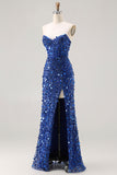 Sparkly Champagne Sheath Strapless Sequin Long Prom Dress With Slit