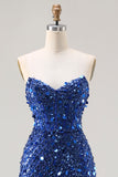 Sparkly Champagne Sheath Strapless Sequin Long Prom Dress With Slit
