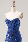 Sparkly Champagne Sheath Strapless Sequin Long Prom Dress With Slit