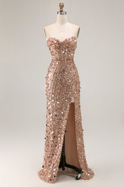 Sparkly Champagne Strapless Sheath Long Prom Dress With Slit