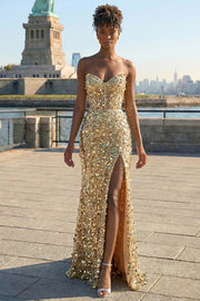 Sparkly Golden Sheath Strapless Sequin Long Prom Dress with Slit