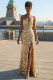 Sparkly Golden Sheath Strapless Sequin Long Prom Dress with Slit