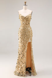 Sparkly Champagne Strapless Sheath Long Prom Dress With Slit