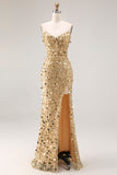 Sparkly Champagne Strapless Sheath Long Prom Dress With Slit