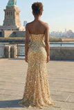 Sparkly Golden Sheath Strapless Sequin Long Prom Dress with Slit