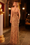 Sparkly Champagne Sheath Strapless Sequin Long Prom Dress With Slit