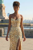 Sparkly Golden Sheath Strapless Sequin Long Prom Dress with Slit