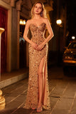 Sparkly Champagne Sheath Strapless Sequin Long Prom Dress With Slit