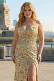 Sparkly Golden Strapless Sequins Sheath Plus Size Long Prom Dress with Slit