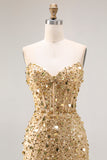 Sparkly Champagne Strapless Sheath Long Prom Dress With Slit