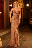 Sparkly Champagne Sheath Strapless Sequin Long Prom Dress With Slit