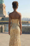 Sparkly Golden Sheath Strapless Sequin Long Prom Dress with Slit
