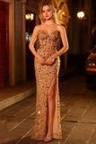 Sparkly Champagne Sheath Strapless Sequin Long Prom Dress With Slit