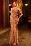 Sparkly Champagne Sheath Strapless Sequin Long Prom Dress With Slit