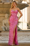 Sparkly Red Strapless Sheath Sequins Corset Long Prom Dress with Slit