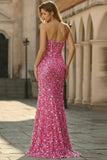 Sparkly Pink Sheath Strapless Corset Sequin Long Prom Dress with Slit