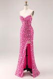 Sparkly Red Strapless Sheath Sequins Corset Long Prom Dress with Slit