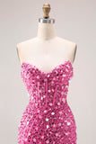 Sparkly Sheath Strapless Corset Long Pink Prom Dress with Slit