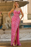 Sparkly Pink Sheath Strapless Corset Sequin Long Prom Dress with Slit