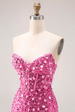 Sparkly Sheath Strapless Corset Long Pink Prom Dress with Slit