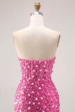 Sparkly Sheath Strapless Corset Long Pink Prom Dress with Slit