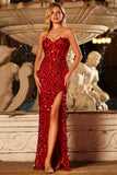 Sparkly Red Strapless Sheath Sequins Corset Long Prom Dress with Slit