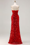Sparkly Red Strapless Sheath Sequins Corset Long Prom Dress with Slit