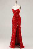 Sparkly Red Strapless Sheath Sequins Corset Long Prom Dress with Slit