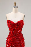 Sparkly Red Strapless Sheath Sequins Corset Long Prom Dress with Slit