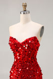 Sparkly Red Strapless Sheath Sequins Corset Long Prom Dress with Slit