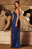 Royal Blue Sequin Strapless Mermaid Prom Dress with High Slit