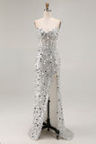 Sparkly Champagne Strapless Sheath Long Prom Dress With Slit